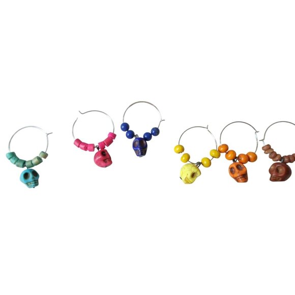Colorful Skull Wine Glass Charms Set Of 6 Multicolor Bead Drink Markers With Box - Picture 2 of 6